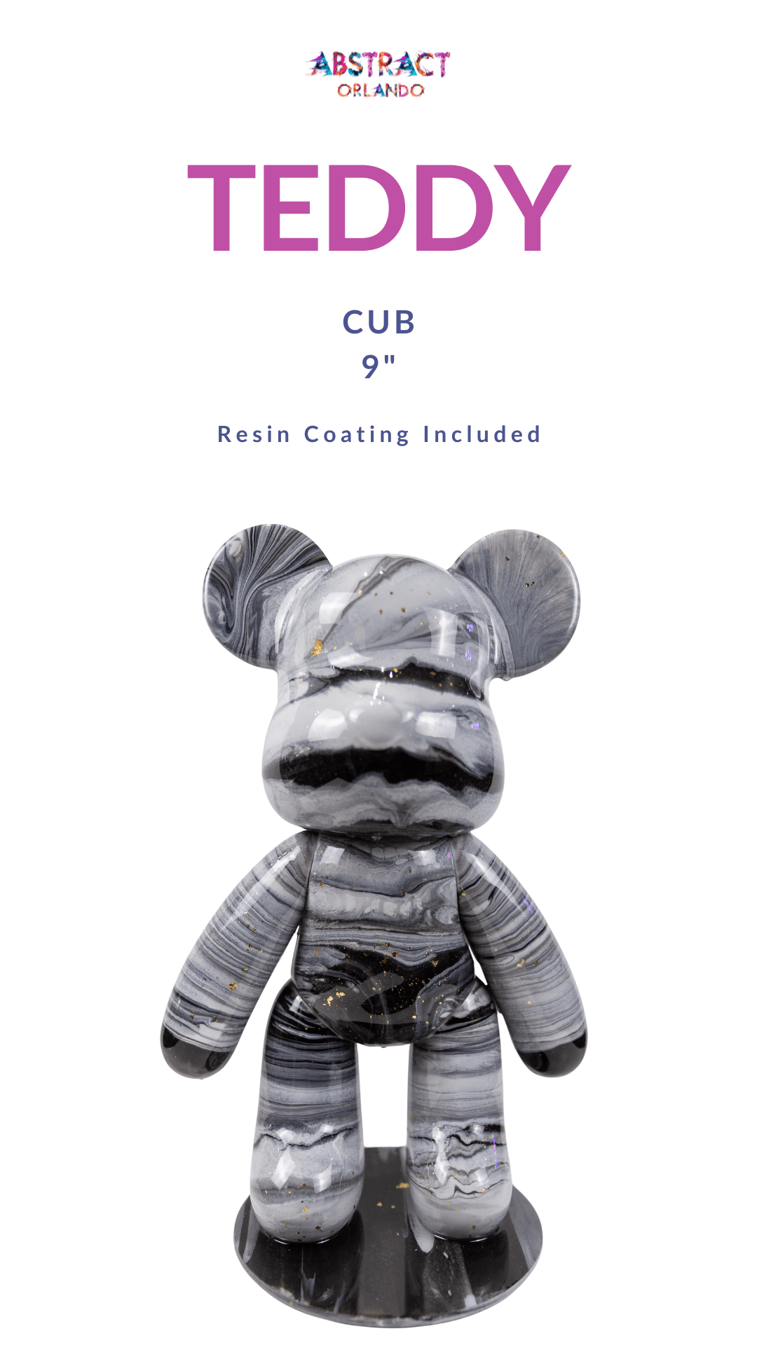 Marbled teddy bear sculpture with resin coating, marked as 'Teddy Cub 9 inch' by Abstract Orlando.
