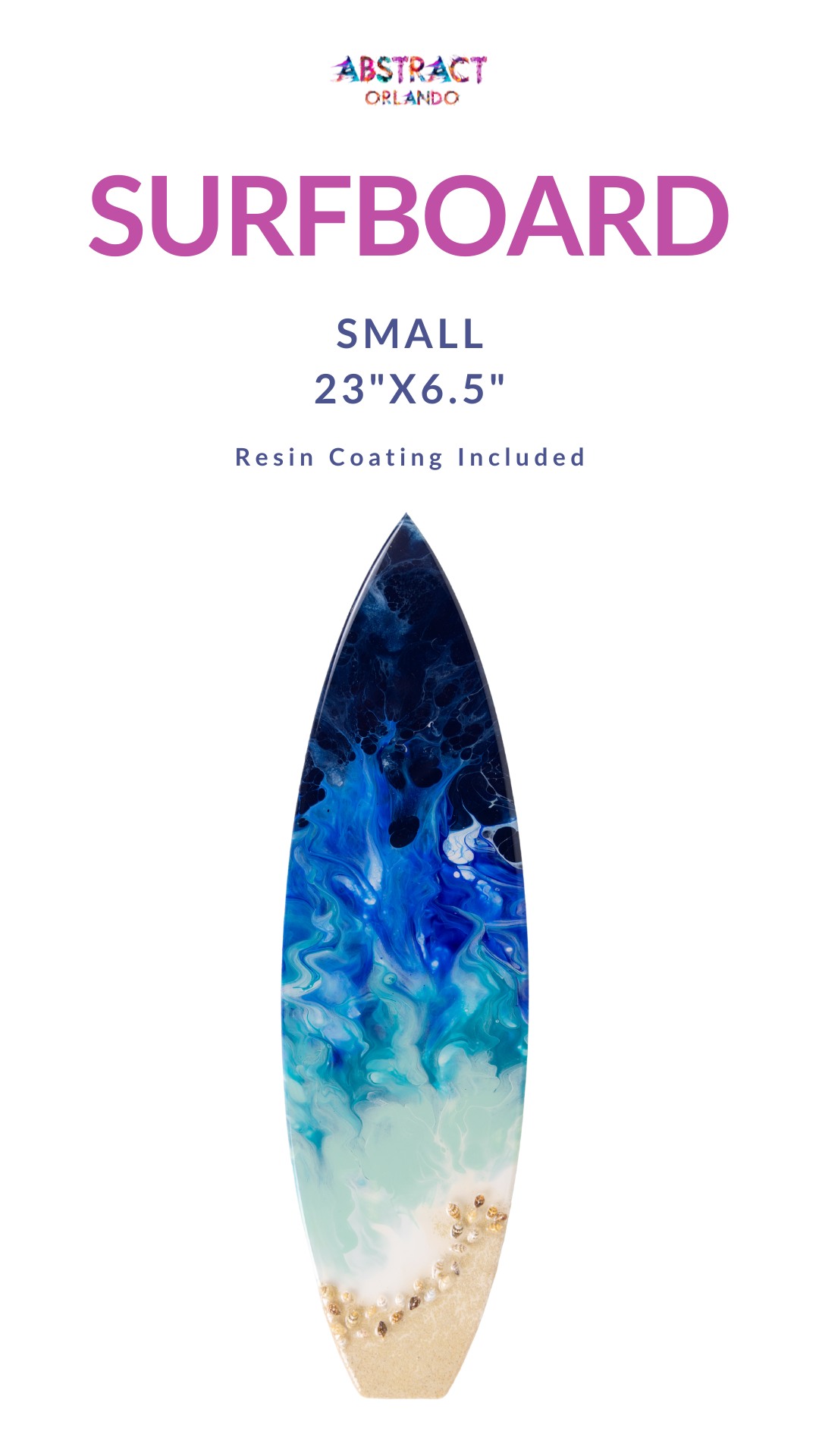 Colorful small surfboard with abstract ocean design and text about resin coating.