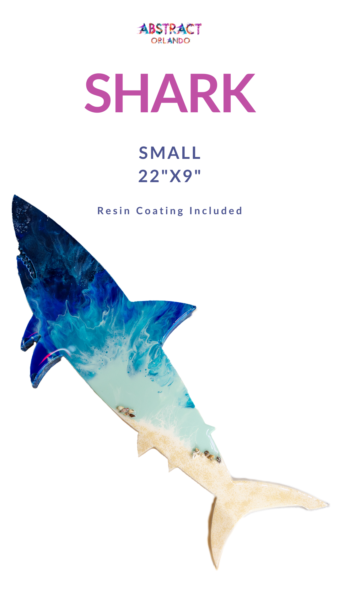 Abstract shark art with blue hues and resin coating info.