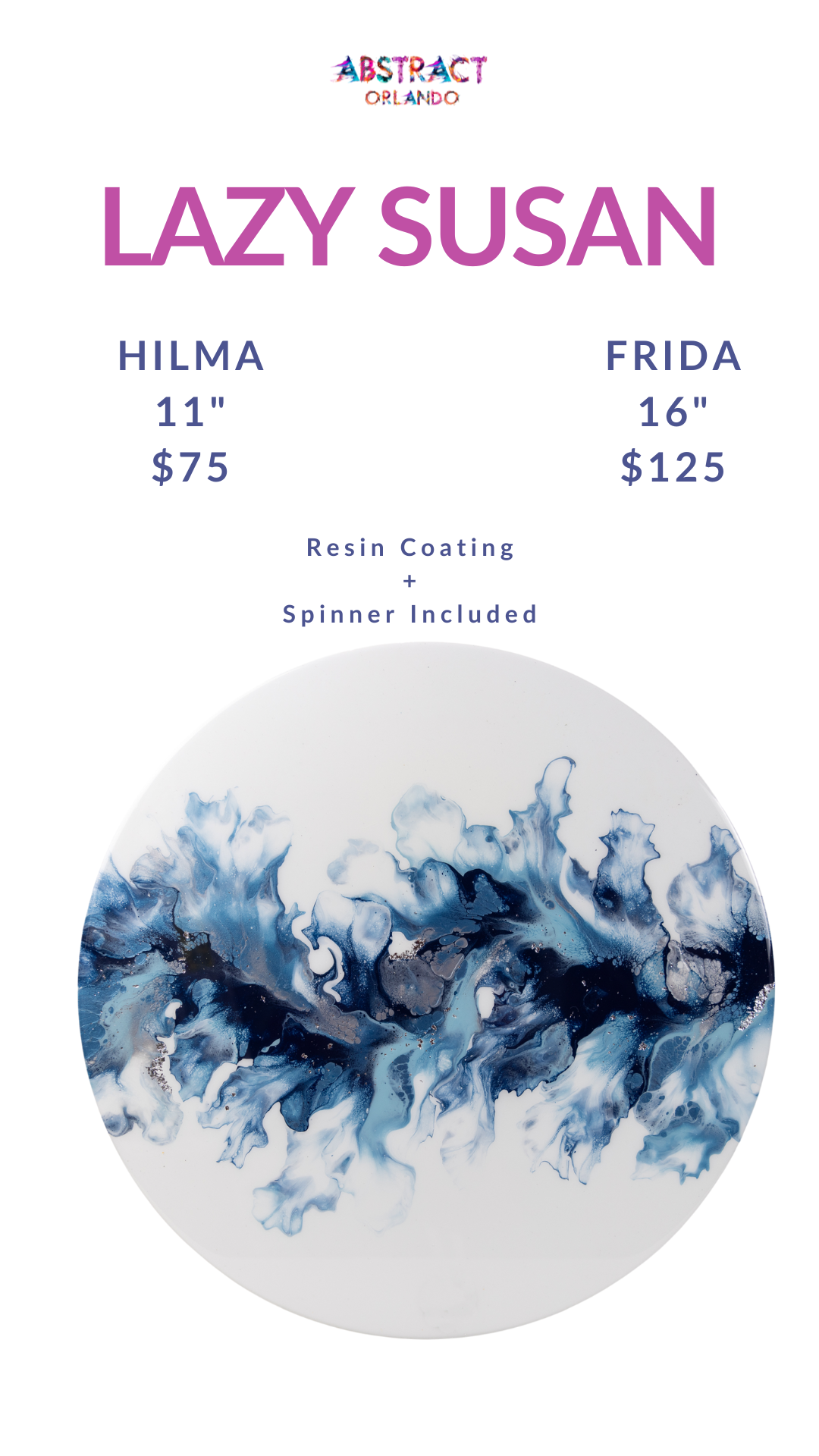 Abstract Orlando Lazy Susan ad with blue resin art and pricing details.