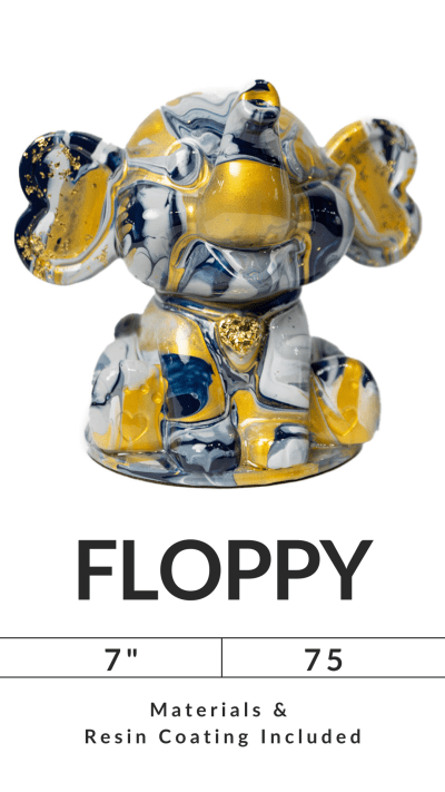 Colorful abstract sculpture with blue, yellow, and white swirls labeled 'FLOPPY', 7 inches, resin coating included.