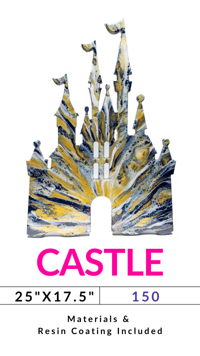 Abstract castle art with blue and yellow patterns, labeled dimensions and materials included.