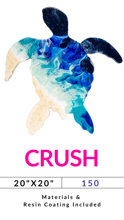 Abstract turtle artwork with blue tones and text: Crush, 20x20, 150, materials & resin coating included.