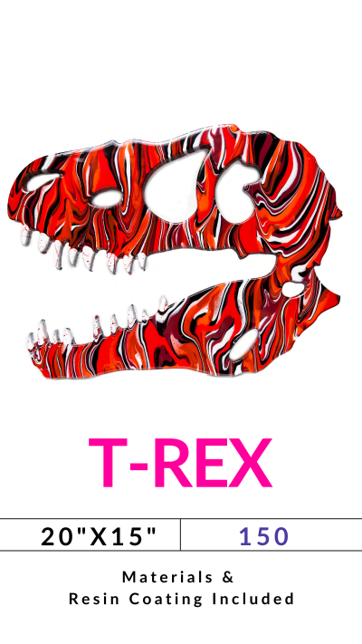 Colorful T-Rex skull decoration with dimensions and price listed.