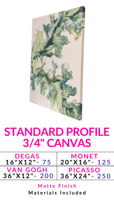 Canvas painting with abstract green design and pricing details.