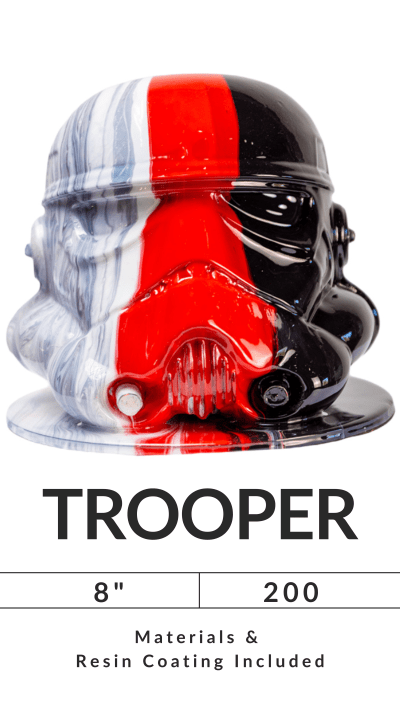 Stormtrooper helmet with red, black, and white stripes and text: TROOPER, 8