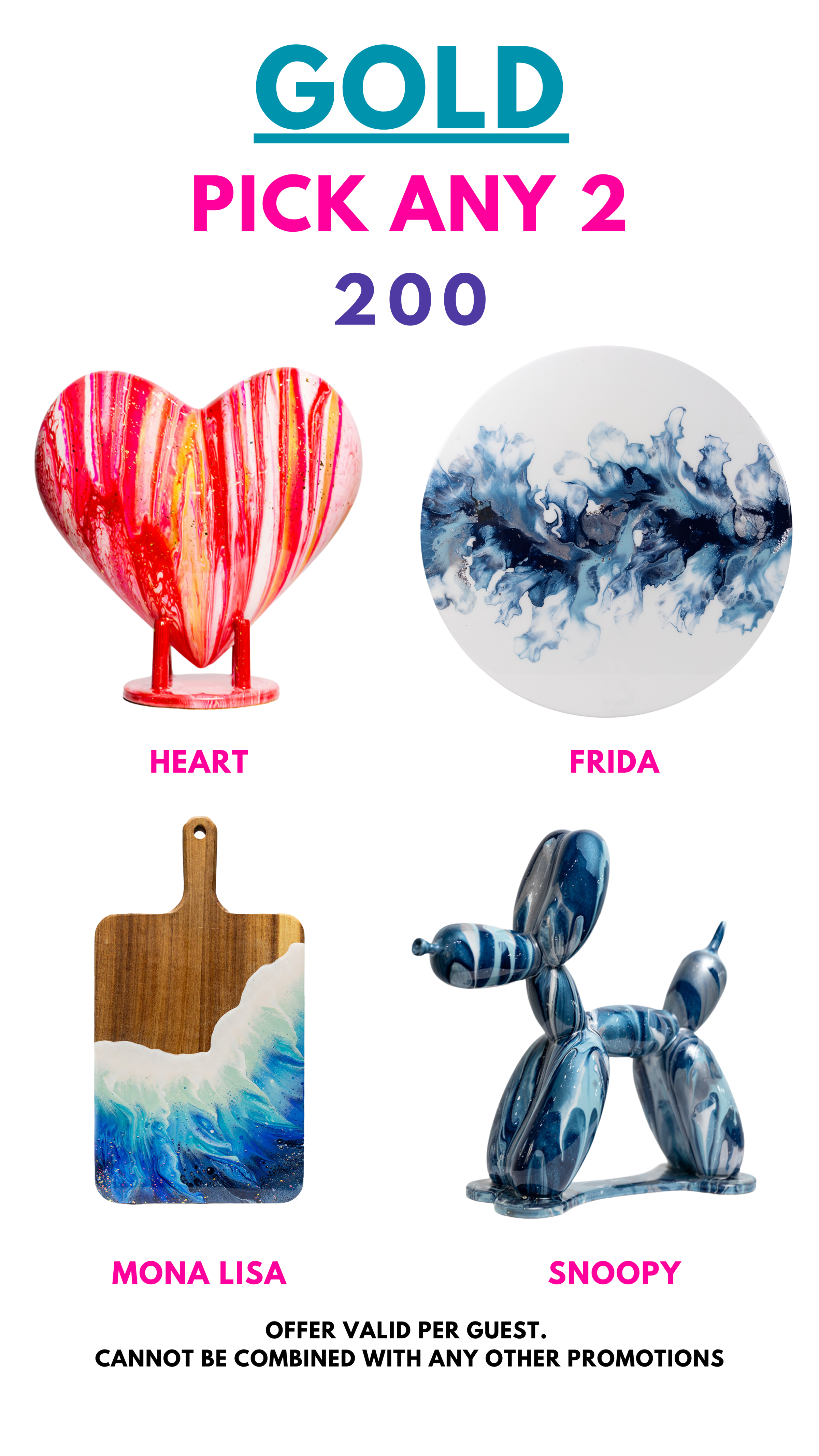 Promotion to pick any 2 from 4 art pieces: heart, circle, board, balloon dog.