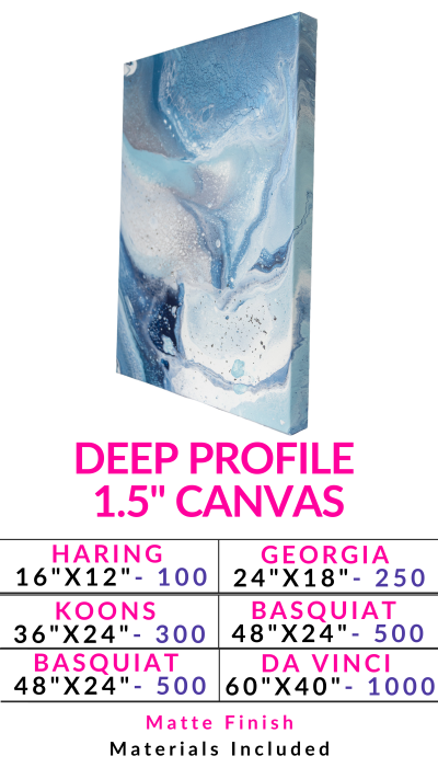 Abstract blue canvas painting with various size and price options listed below.
