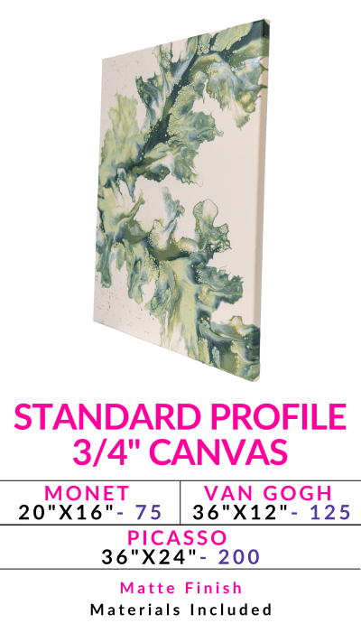 Canvas with abstract green and white design, pricing and sizes for Monet, Van Gogh, Picasso.
