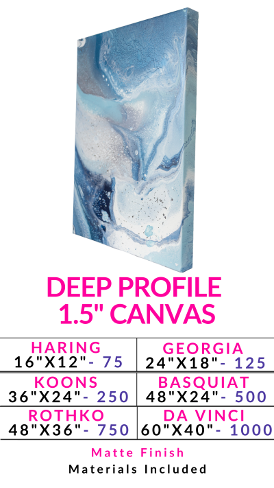Canvas art options with sizes, titles, prices, and sample image.