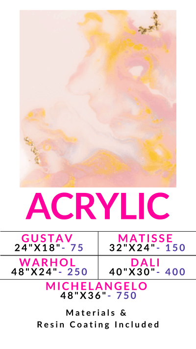 Abstract pink and yellow acrylic artwork with price and size list.