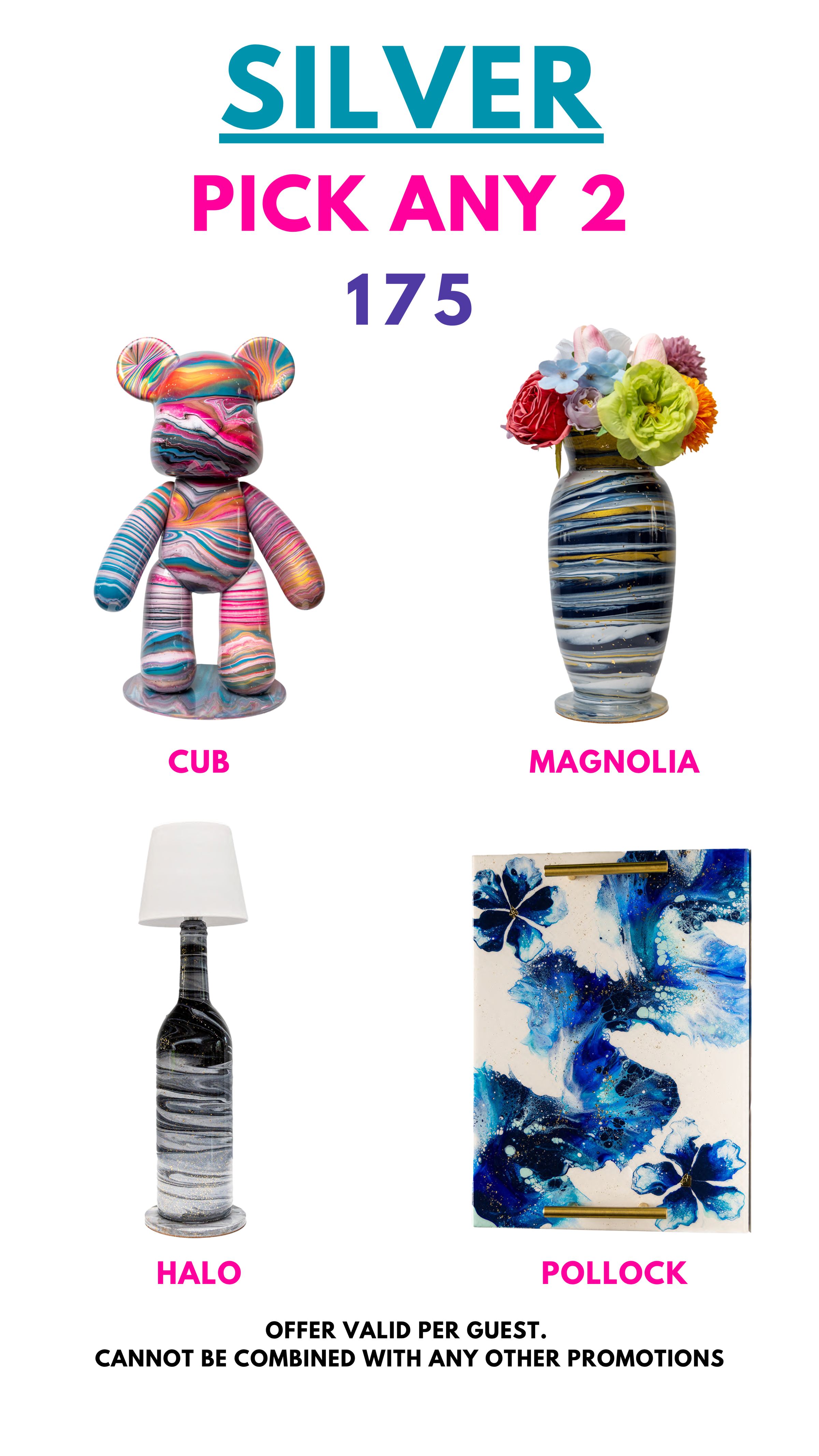 Promotion featuring colorful art items: bear, vase, lamp, artwork; choose any 2 for 175.