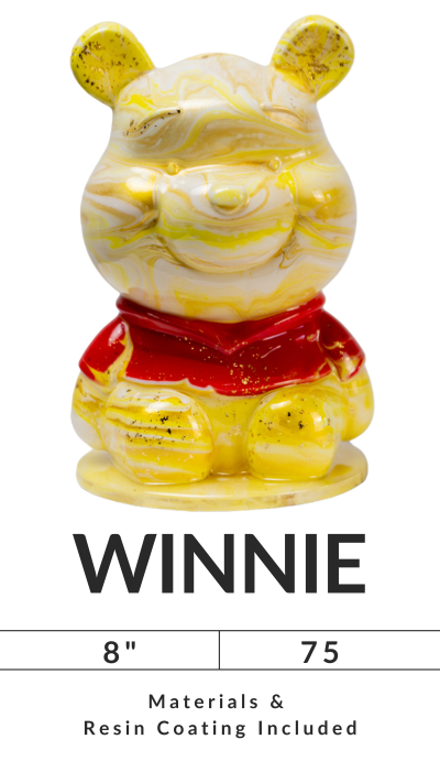 Yellow and red bear-shaped decorative figure with 'Winnie' text and size details.