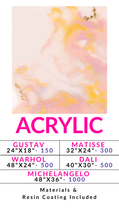 Pink and yellow abstract art, text below lists sizes and prices for acrylic prints.