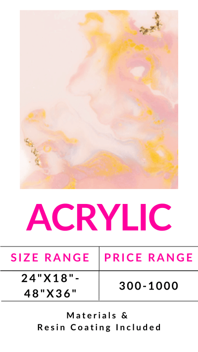 Acrylic art with pink and yellow swirls, size 24x18-48x36 inches, price 300-1000, resin coating included.