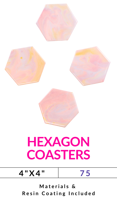 Four hexagon coasters with pink and yellow marbled design.