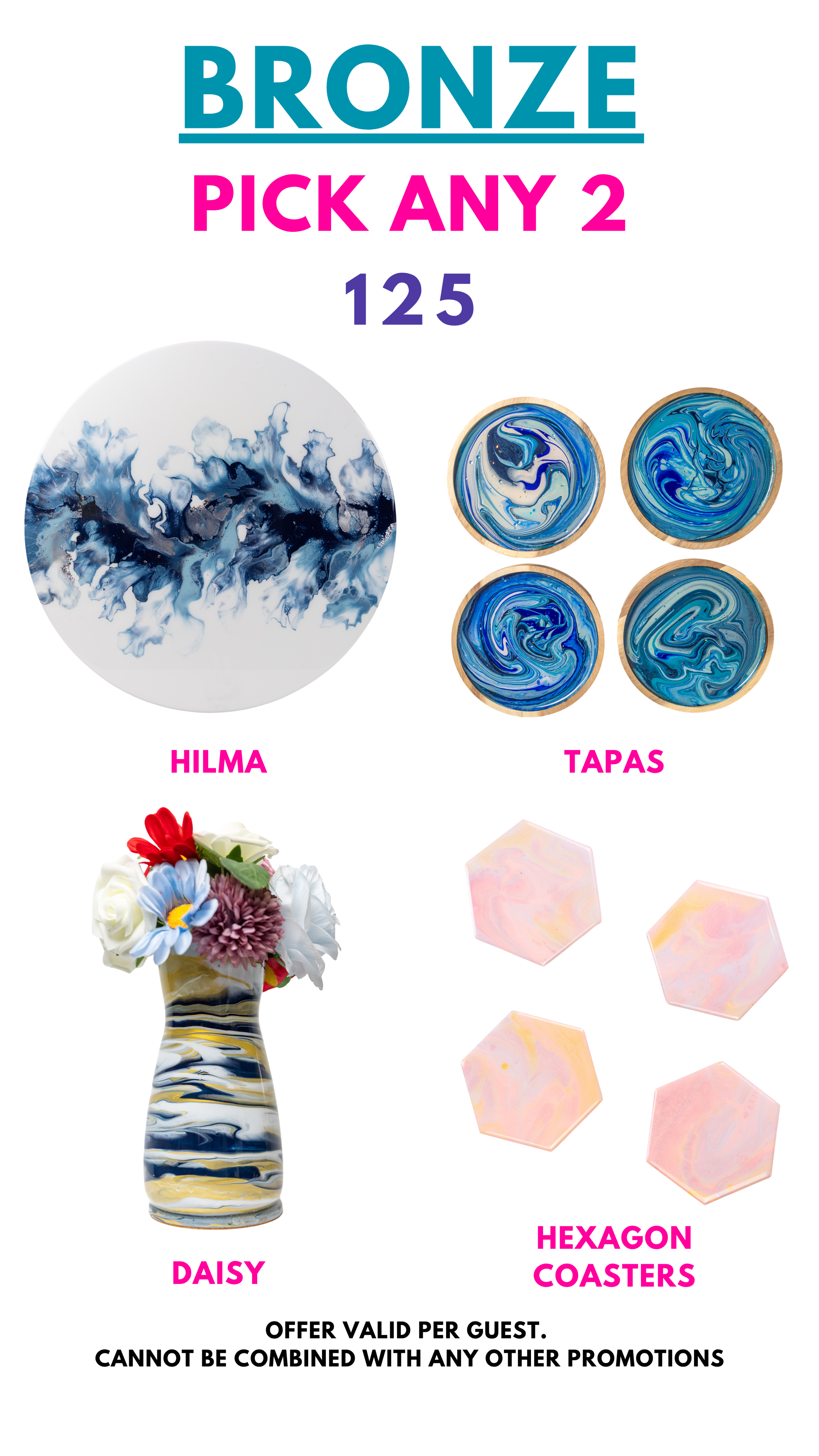 Bronze package offer: pick 2 items from plate, coasters, vase, and cloud shape with promo text.