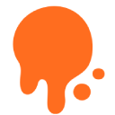 4a Orange paint splatter with drips and small droplets on a white background.