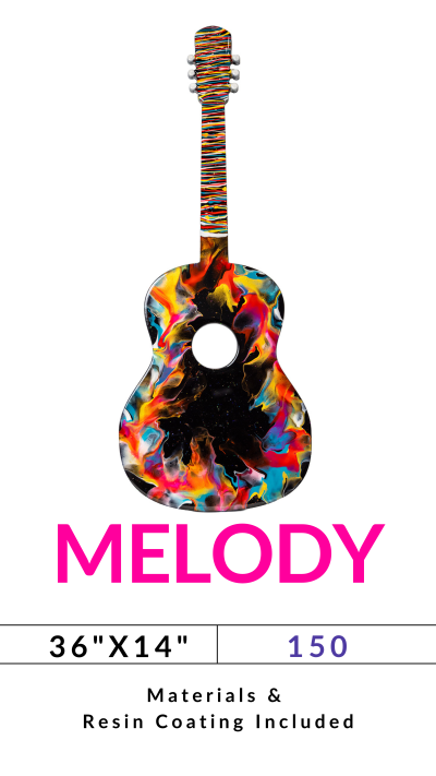 Colorful guitar with abstract design and text: MELODY, 36