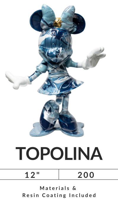 Sculpture of cartoon mouse in blue, labeled 'TOPOLINA', 12 inches, limited to 200 units, resin coating included.