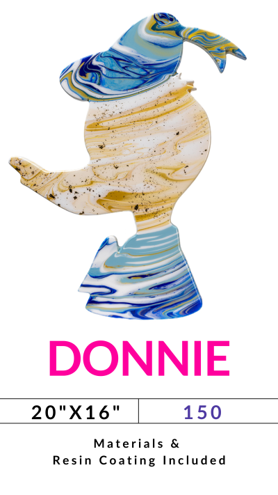 Abstract sculpture with swirling blue, yellow patterns, labeled 'DONNIE', dimensions 20