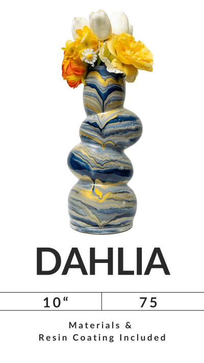 Curvy blue and gold vase with yellow and white flowers on top, labeled 'DAHLIA' with dimensions and pricing.