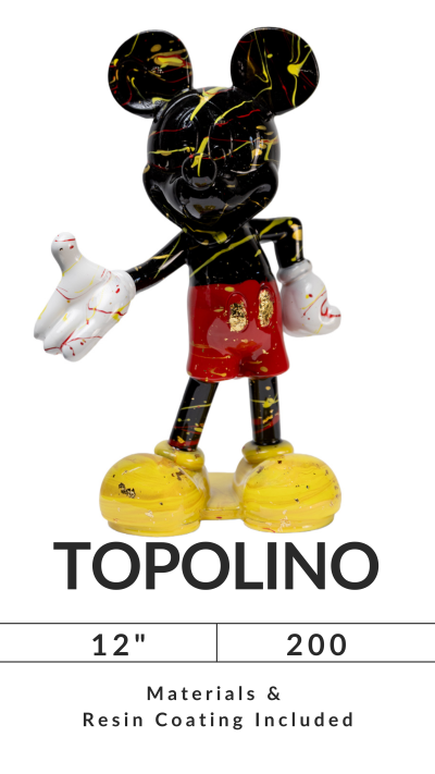 Abstract Mickey Mouse figure with splashes of color, labeled 'TOPOLINO,' 12 inches tall, price 200.