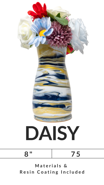 Colorful vase with flowers, labeled 'DAISY', dimensions 8 inches, with materials and resin coating included.