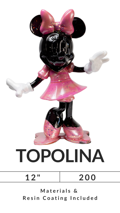 Black and pink cartoon mouse figure with bow, labeled 'TOPOLINA', 12 inches, 200, resin coating included.