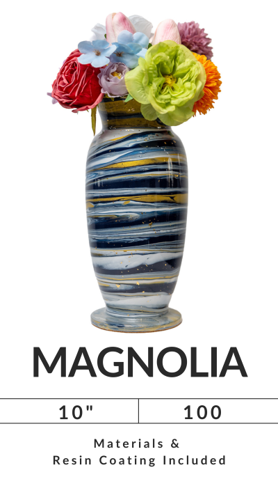 Tall marbled blue vase with colorful flowers, labeled 'MAGNOLIA', dimensions 10 inches, resin coating included.