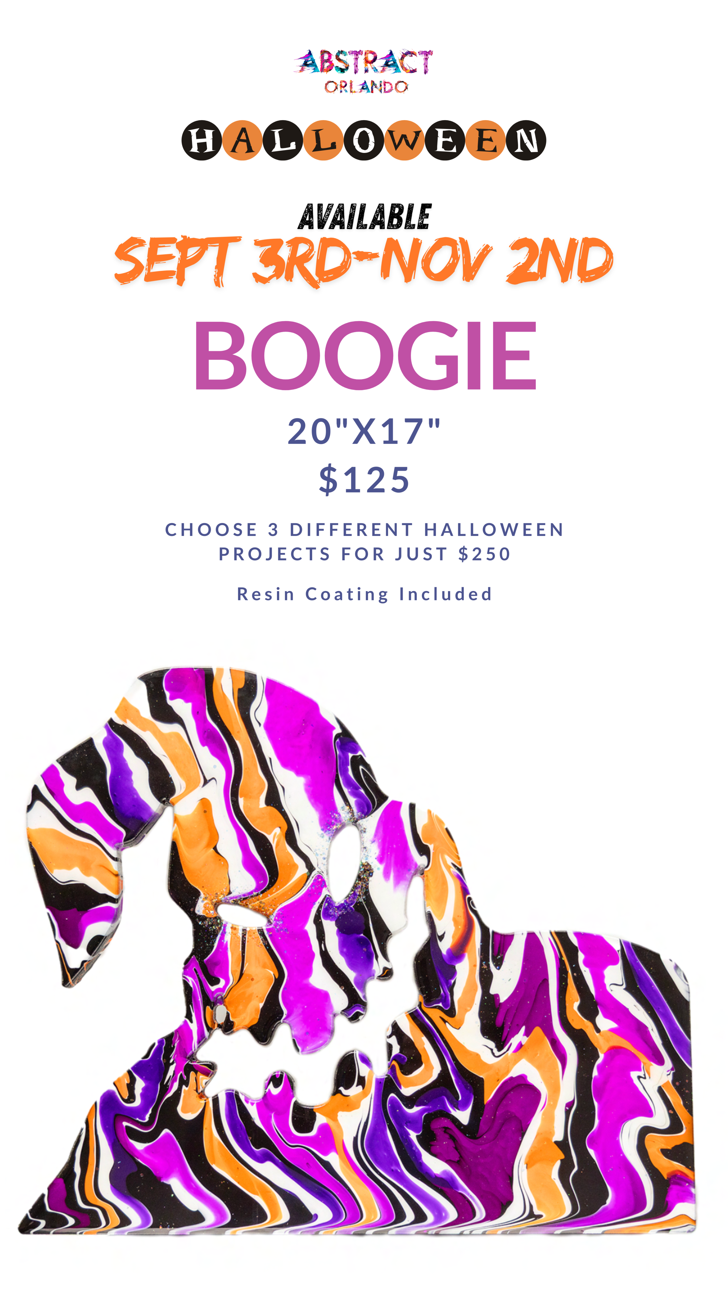 Abstract Orlando Halloween art with vibrant colors and Boogie skull shape advertised for sale.