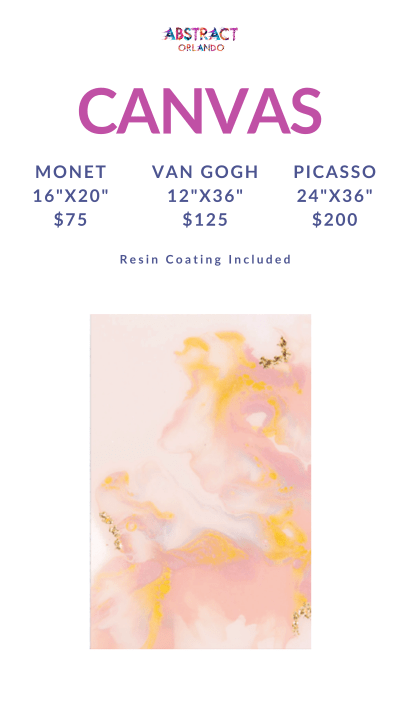 Canvas catalog with options Monet 16x20, Van Gogh 12x36, Picasso 24x36, prices and resin coating included.