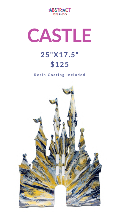 Abstract castle art with blue and gold resin finish, priced at $125, dimensions 25x17.5 inches.