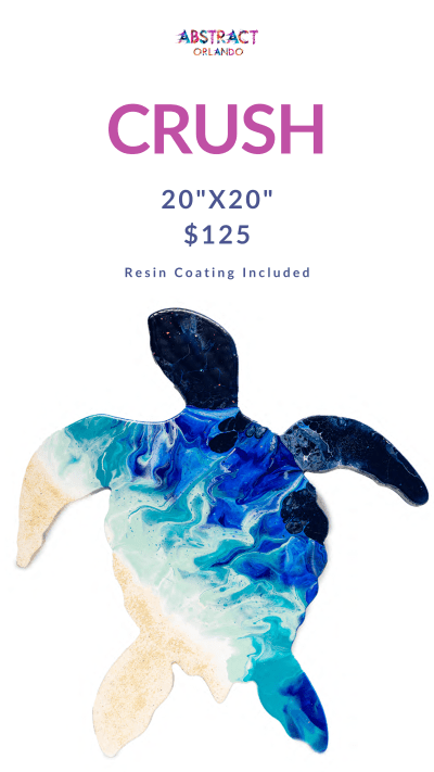 Abstract turtle art with blue and tan colors, labeled 'CRUSH', 20x20, $125, resin coated.