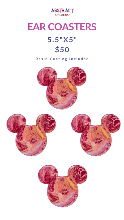 Mickey-shaped coasters with marbled red and orange design; text: 'Ear Coasters 5.5