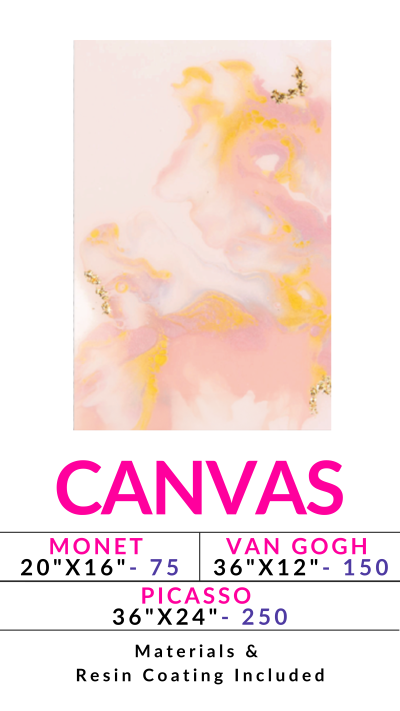 Canvas art sizes, prices; Monet 20x16-75, Van Gogh 36x12-150, Picasso 36x24-250. Materials and resin coating included.