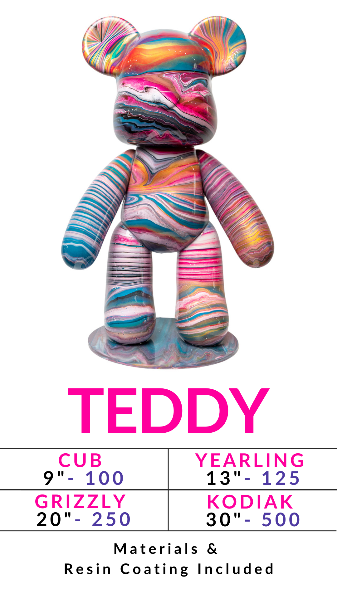 Colorful bear-shaped figure with marbled pattern above size chart for teddy bears.