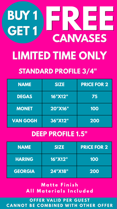 Buy 1 Get 1 Free Canvases offer with pricing details.