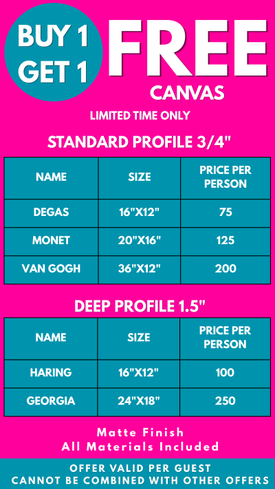 Promotional flyer for Buy 1 Get 1 Free canvas with pricing and size options.