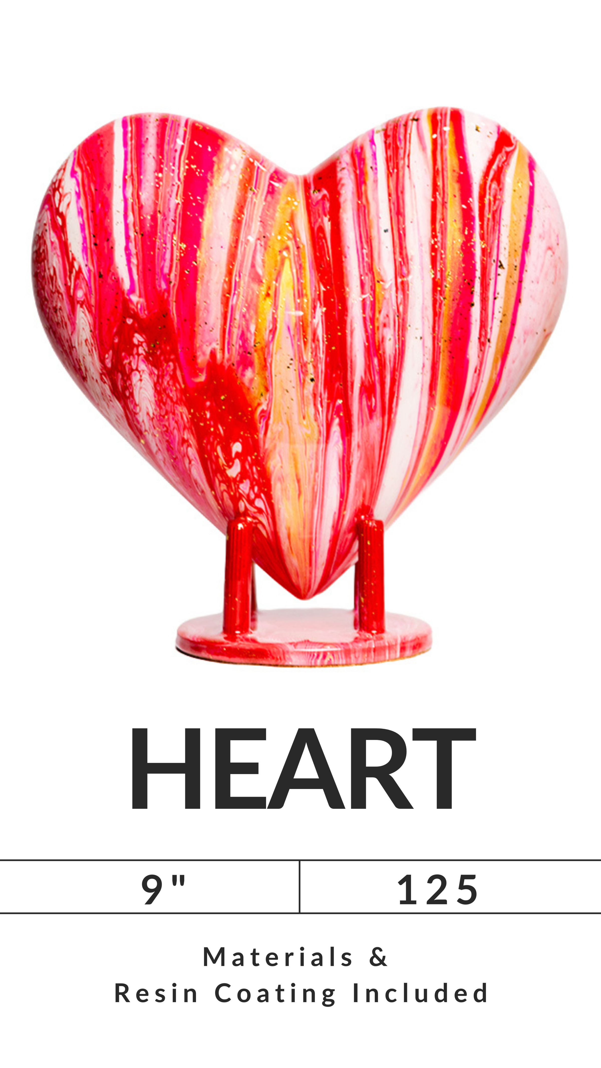 Painted heart sculpture with bold red, pink, and yellow stripes on a stand, labeled 'Heart' with dimensions and materials.