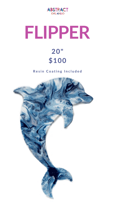 Abstract dolphin art piece titled 'FLIPPER', 20 inches, $100, with resin coating.