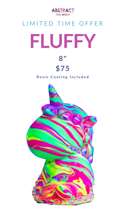 Colorful unicorn sculpture offer with text: 'Fluffy, 8