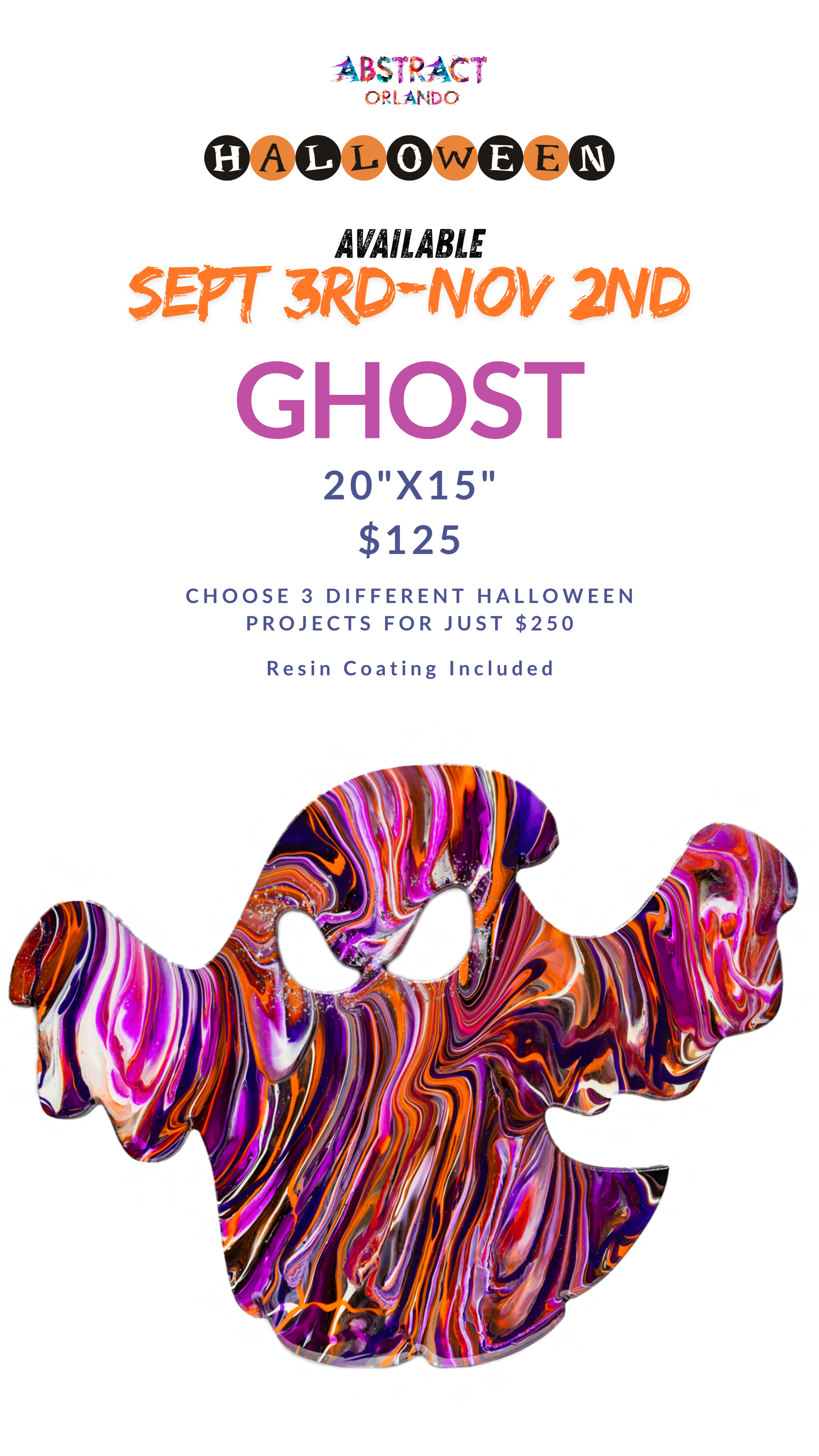 Abstract ghost art for Halloween, available Sept 3rd-Nov 2nd, size 20x15in, $125, resin coating included.