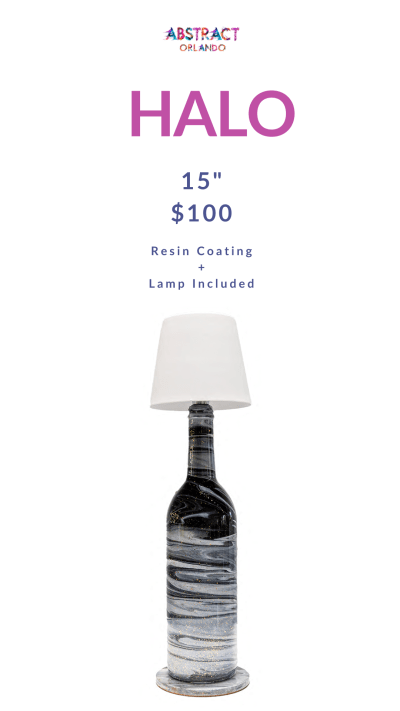 Black and white marbled bottle lamp under text with price and details.