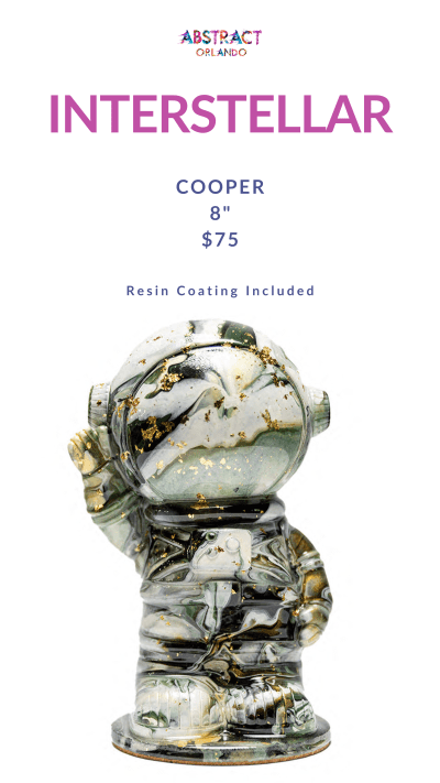 Abstract marbled astronaut figurine titled 'INTERSTELLAR COOPER', priced at $75 with resin coating included.
