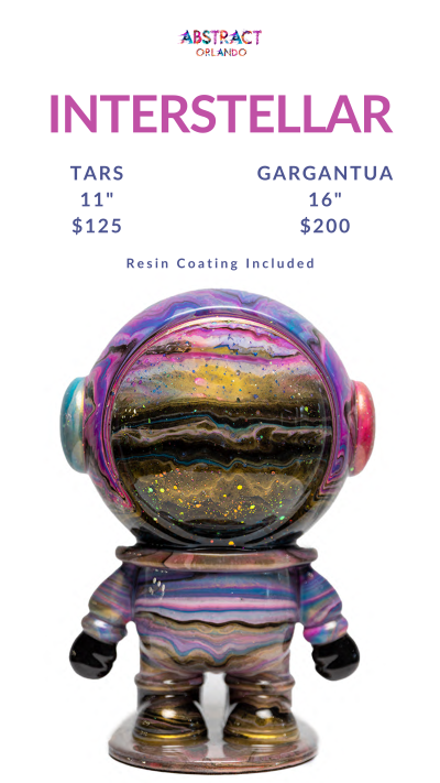 Colorful abstract astronaut figure with text details on TARS and GARGANTUA models.