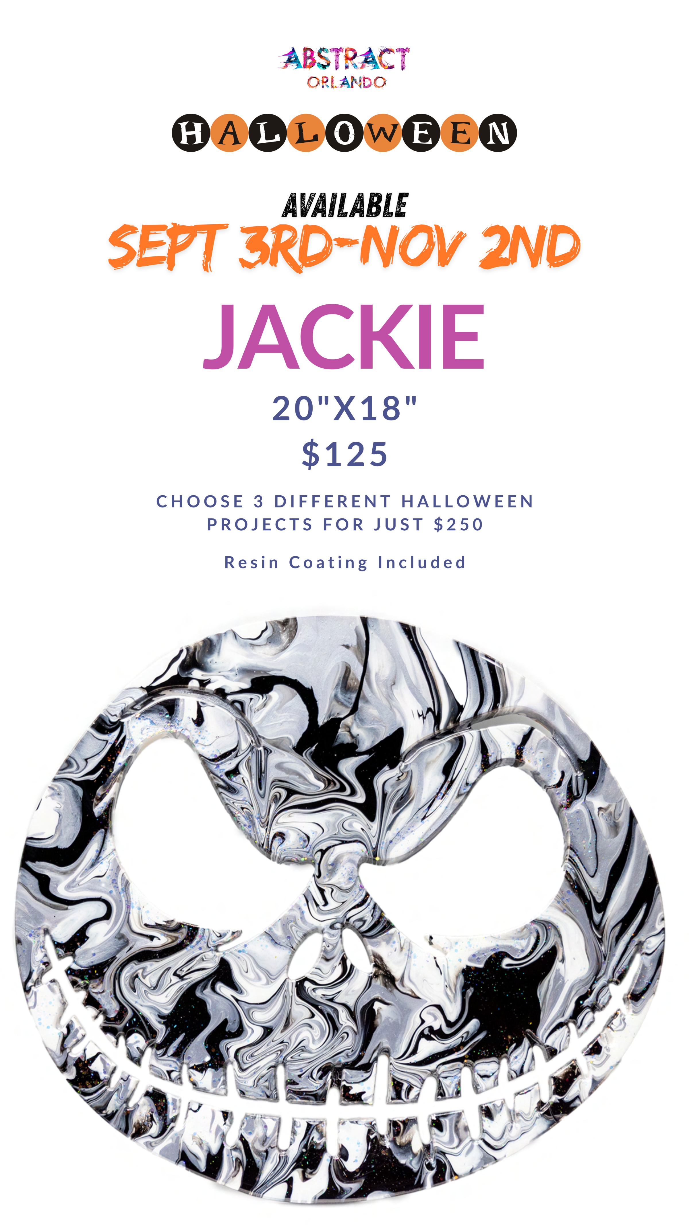 Abstract art poster featuring a swirled design Jack-o'-lantern face, Halloween sale details included.