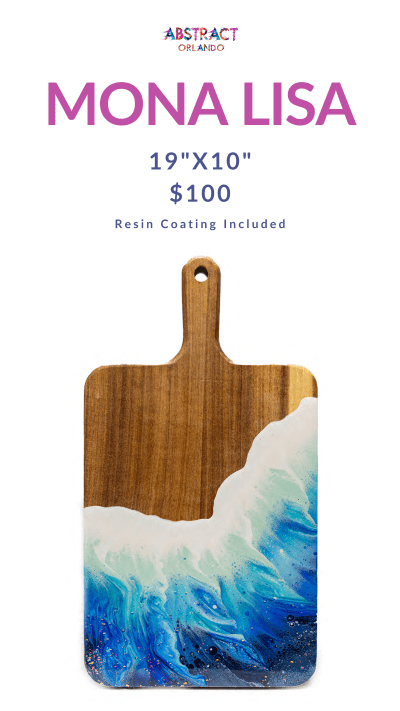 Cutting board with blue resin wave design, priced at $100, size 19x10 inches.
