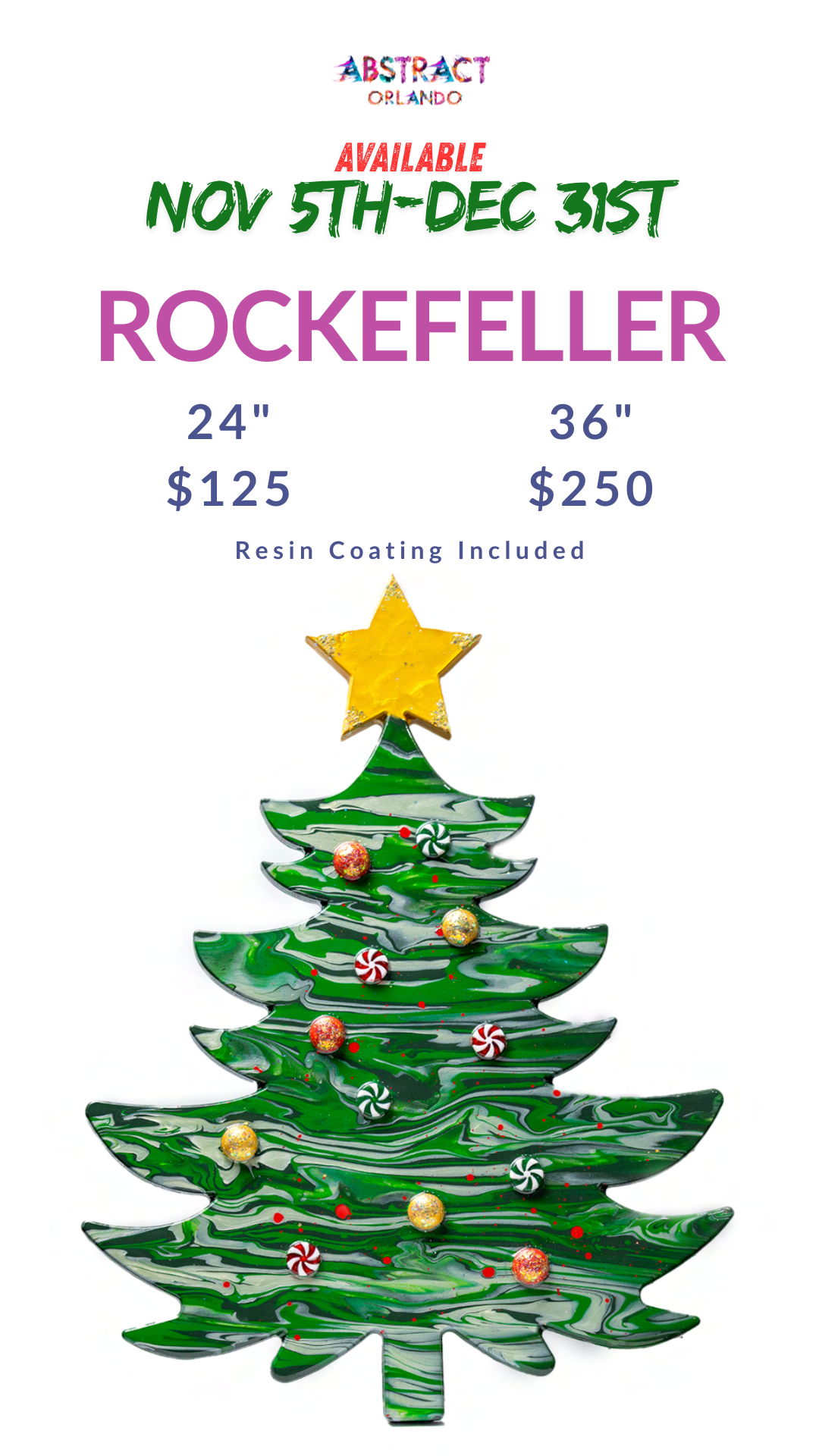 Abstract holiday tree art available Nov 5-Dec 31, sizes 24