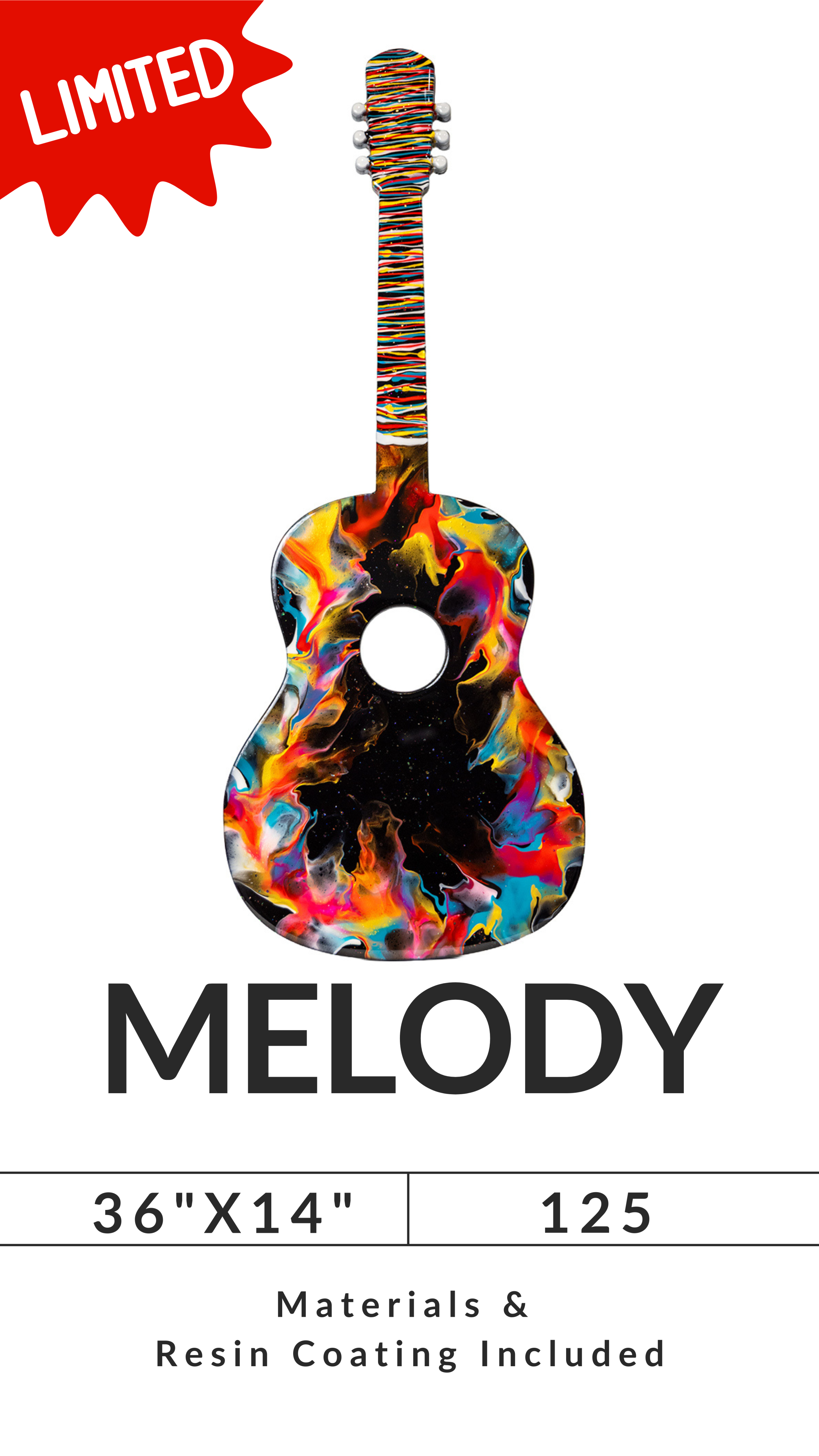 Colorful abstract guitar with 'LIMITED' label and text: MELODY, 36